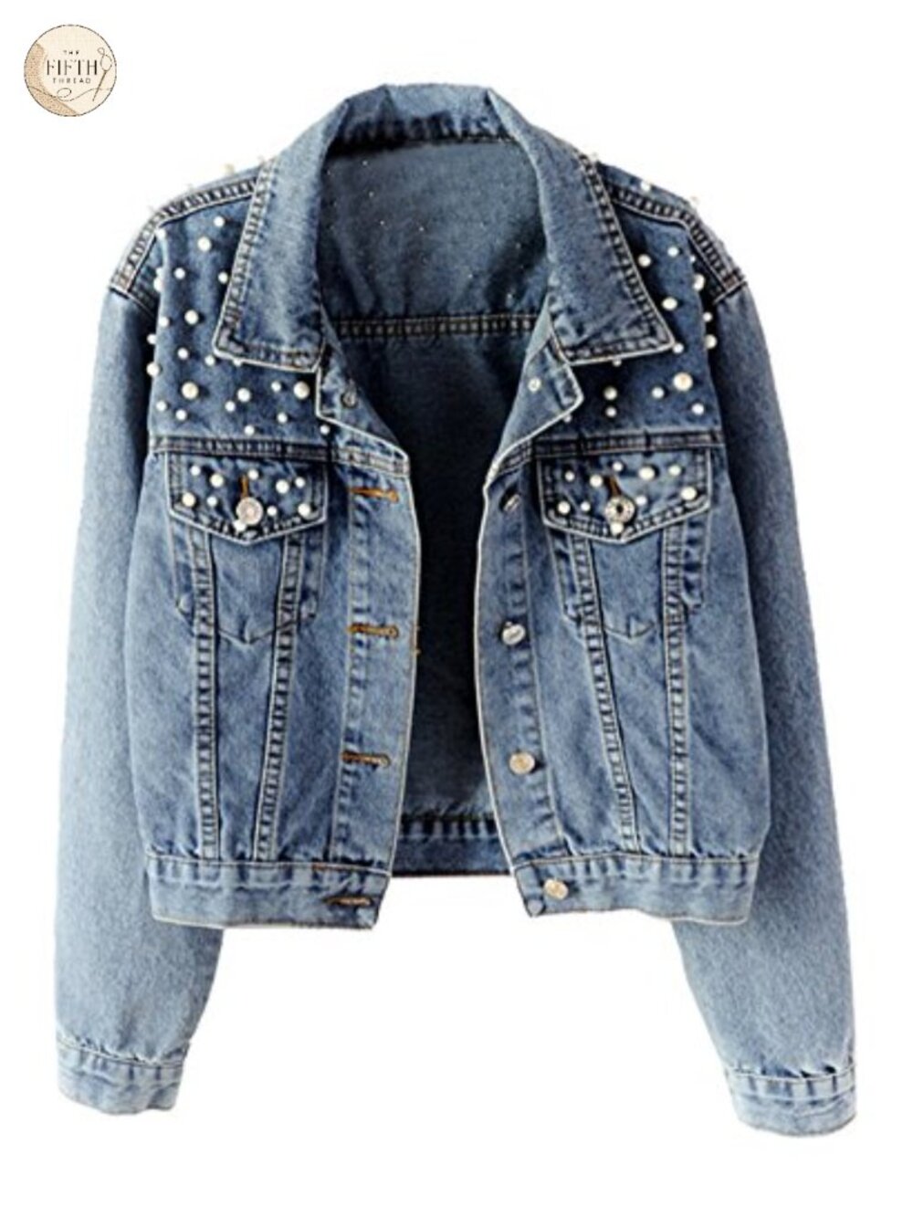 Oversized Embroidered Pearl Denim Jacket Distressed Boyfriend Jean Coat